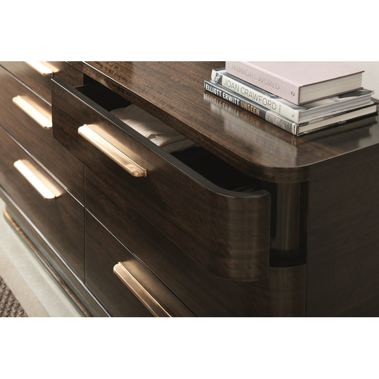 Transitional Aged Bourbon 6-Drawer Dresser with Golden Bronze Pulls