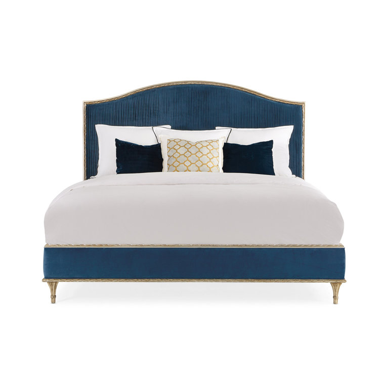 King Blue and Gold Tufted Upholstered Bed with Wood Frame