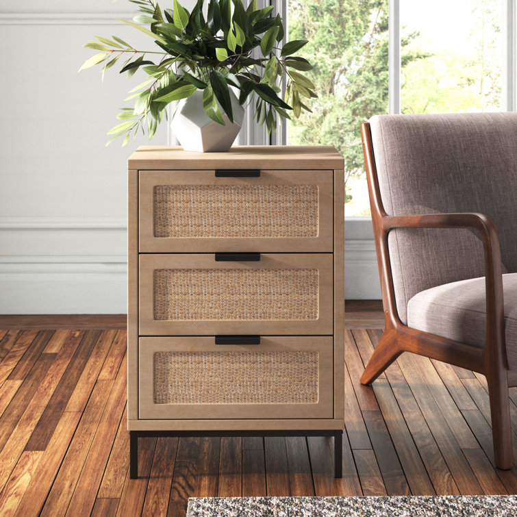 Coastal Charm 3-Drawer Wood & Iron Side Table with Rattan Accents