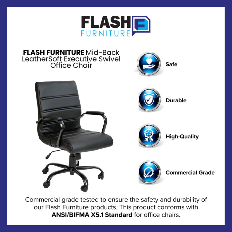 Modern Mid-Back Black LeatherSoft Swivel Executive Chair with Metal Arms