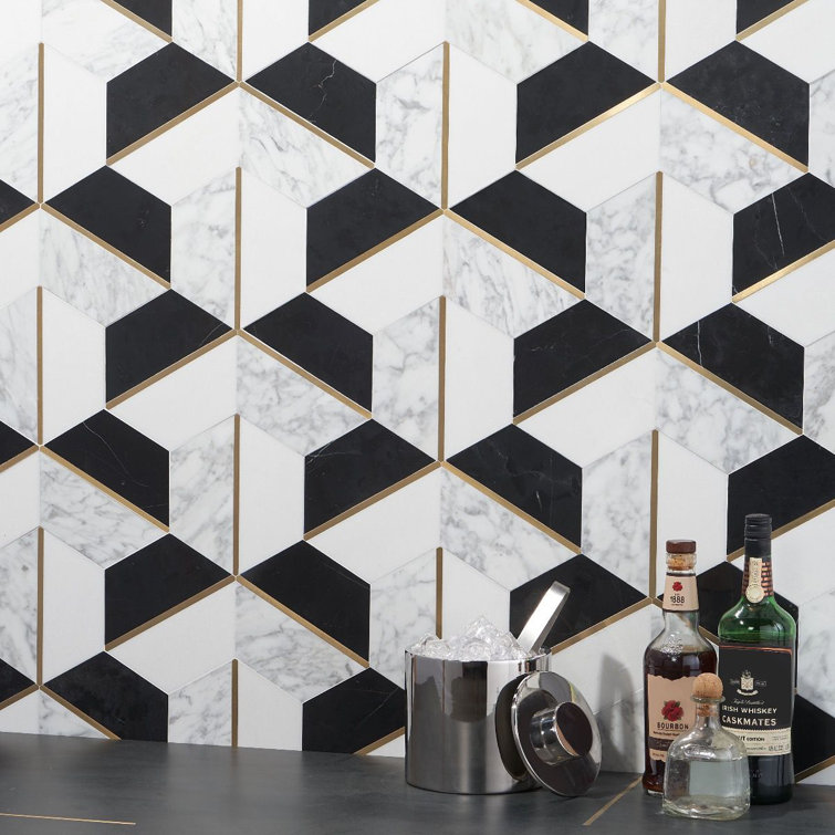 Millenium Nero Polished Marble and Brass Hexagon Mosaic Tile
