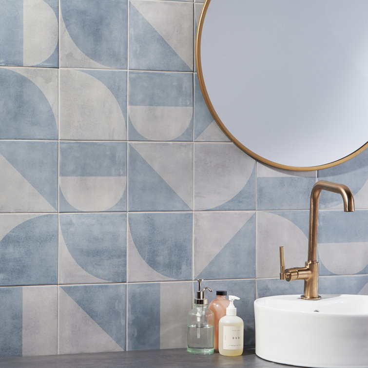 Quincy 7.87'' Blue and Gray Porcelain Encaustic Tile