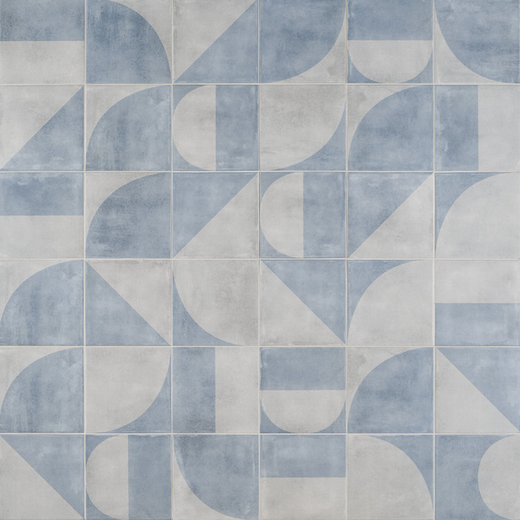 Quincy 7.87'' Blue and Gray Porcelain Encaustic Tile