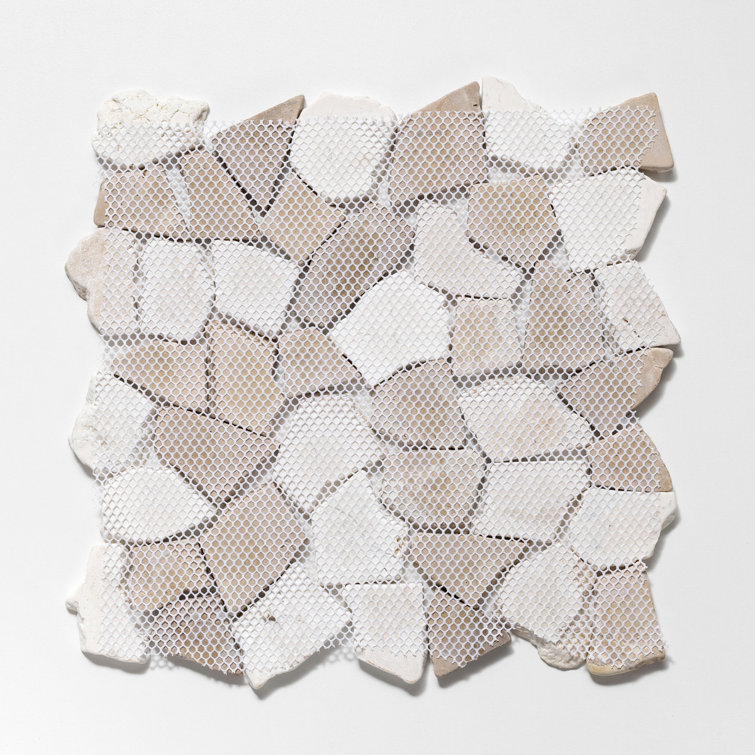 11" x 11" Tan and White Tumbled Marble Mosaic Tile