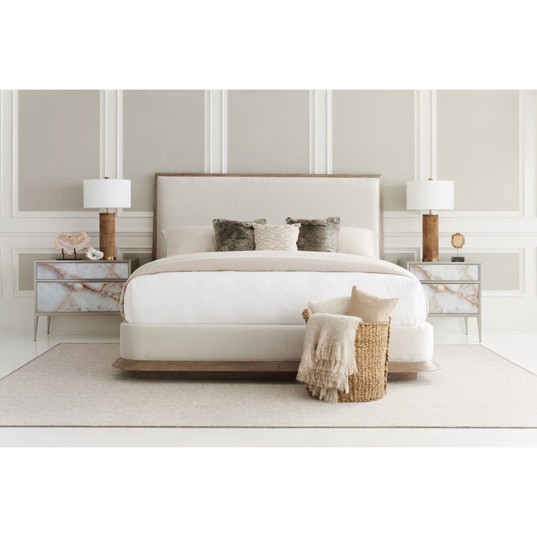 Queen Brown and Cream Upholstered Wood Frame Bed