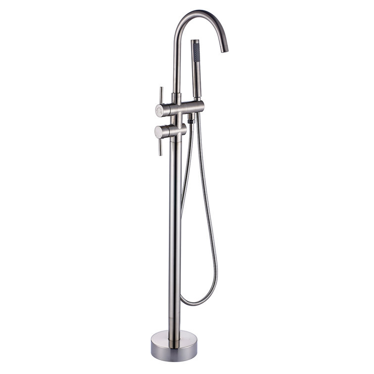Brushed Nickel Freestanding Floor Mount Tub Filler Faucet with Handheld Shower