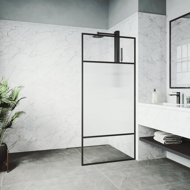 Essex Matte Black 34" x 74" Framed Fluted Glass Shower Screen