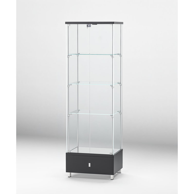 Tall Black Glass Lighted Curio Cabinet with Stainless Steel Accents