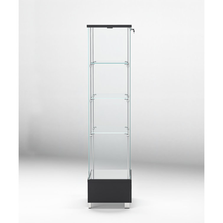 Tall Black Glass Lighted Curio Cabinet with Stainless Steel Accents