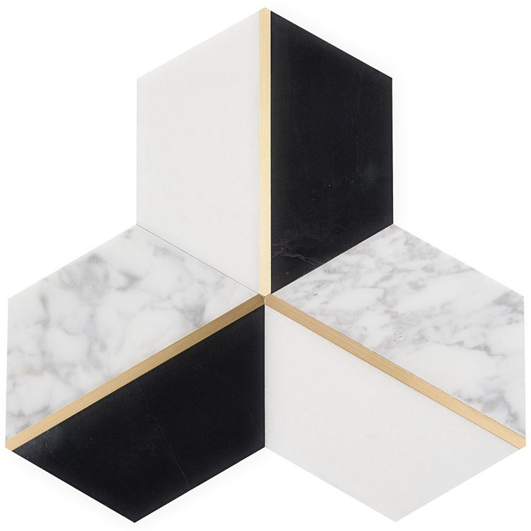 Millenium Nero Polished Marble and Brass Hexagon Mosaic Tile