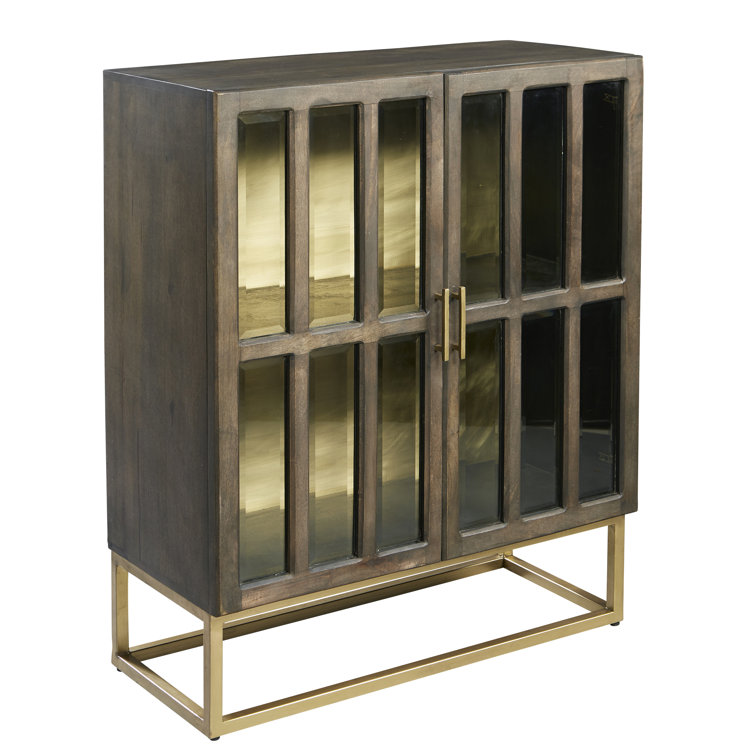 Contemporary Brown and Gold Mango Wood Glass-Paneled Chest