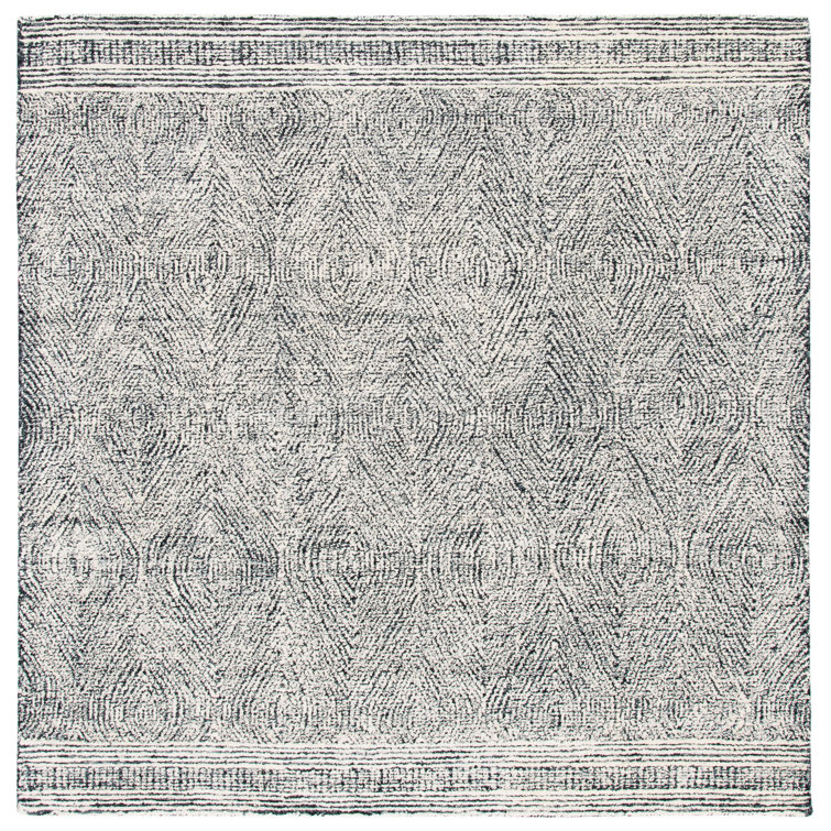 Handmade Ivory & Charcoal Wool Abstract Tufted Square Rug - 4'x4'