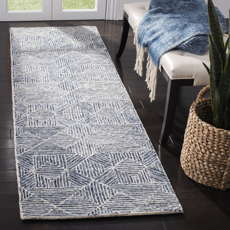 Hand-Tufted Abstract Blue Wool 27'' x 18'' Reversible Runner Rug