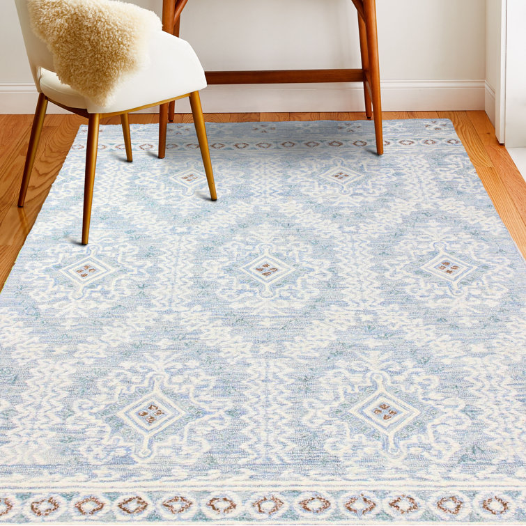 Light Blue Handmade Wool Tufted Geometric 5' x 7' Area Rug