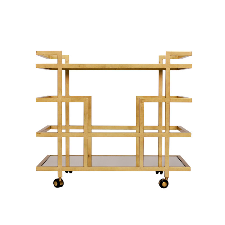 Ireland Gold Leaf Geometric Bar Cart with Mirrored Shelves
