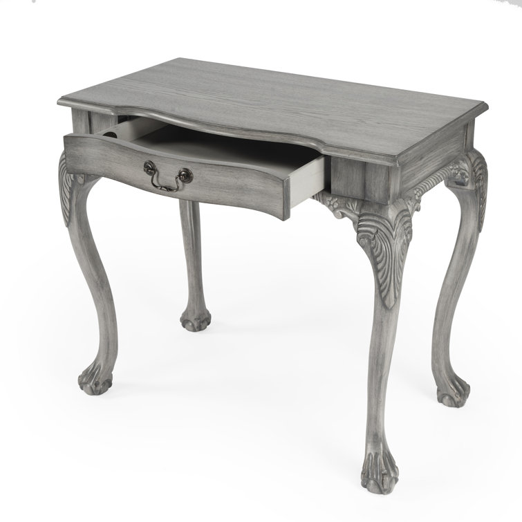 Dupree Solid Wood Carved Gray Writing Desk with Drawer