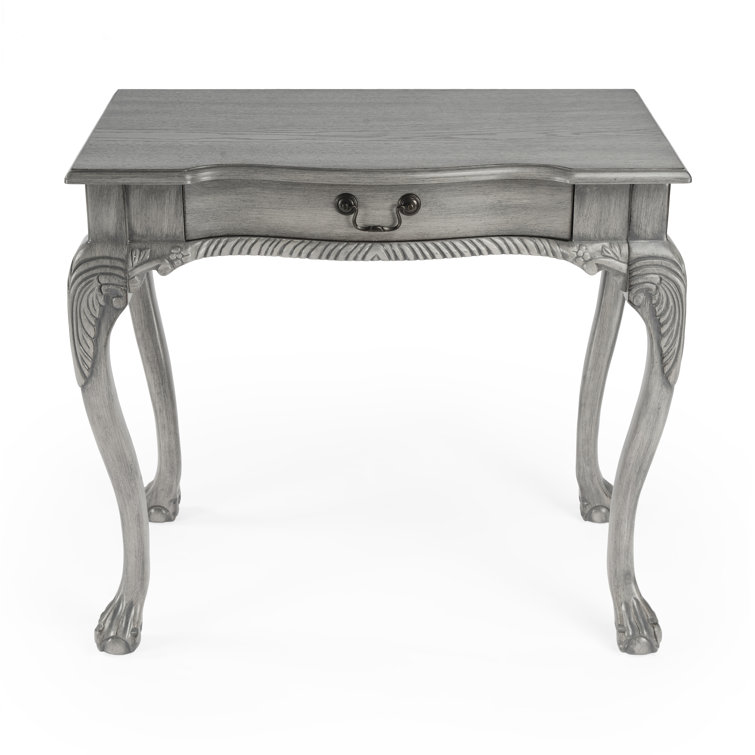 Dupree Solid Wood Carved Gray Writing Desk with Drawer