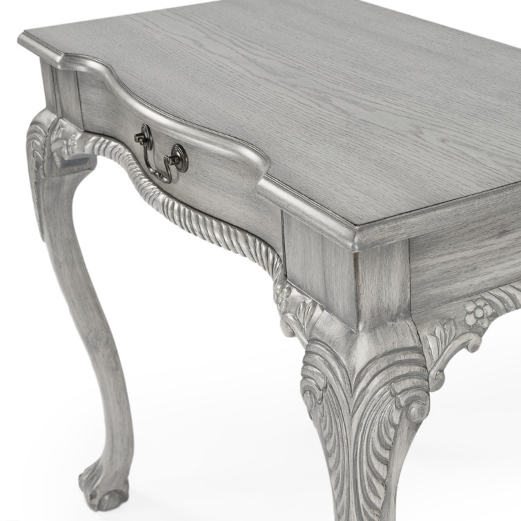 Dupree Solid Wood Carved Gray Writing Desk with Drawer