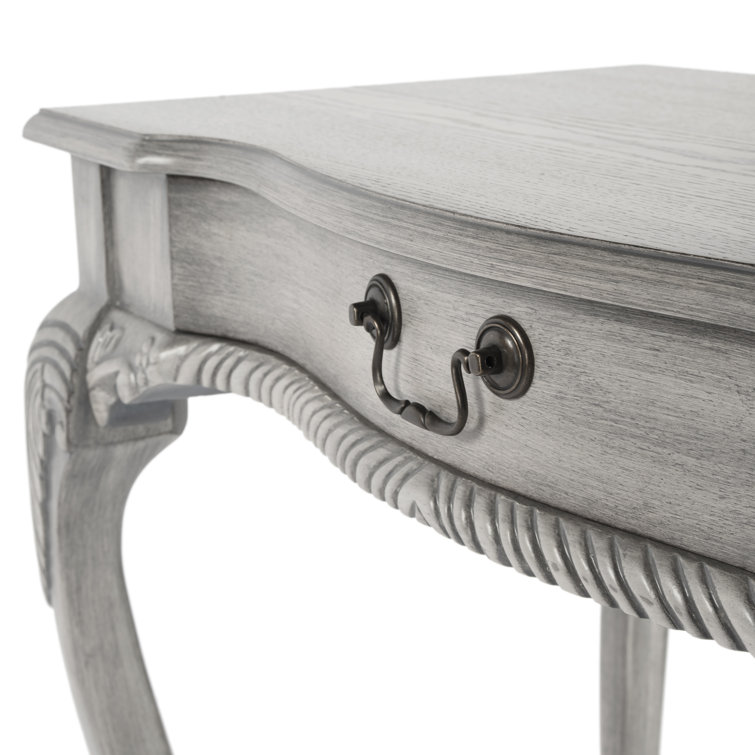 Dupree Solid Wood Carved Gray Writing Desk with Drawer