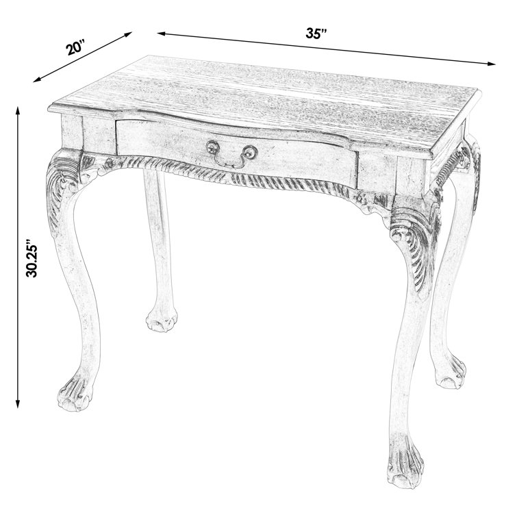 Dupree Solid Wood Carved Gray Writing Desk with Drawer