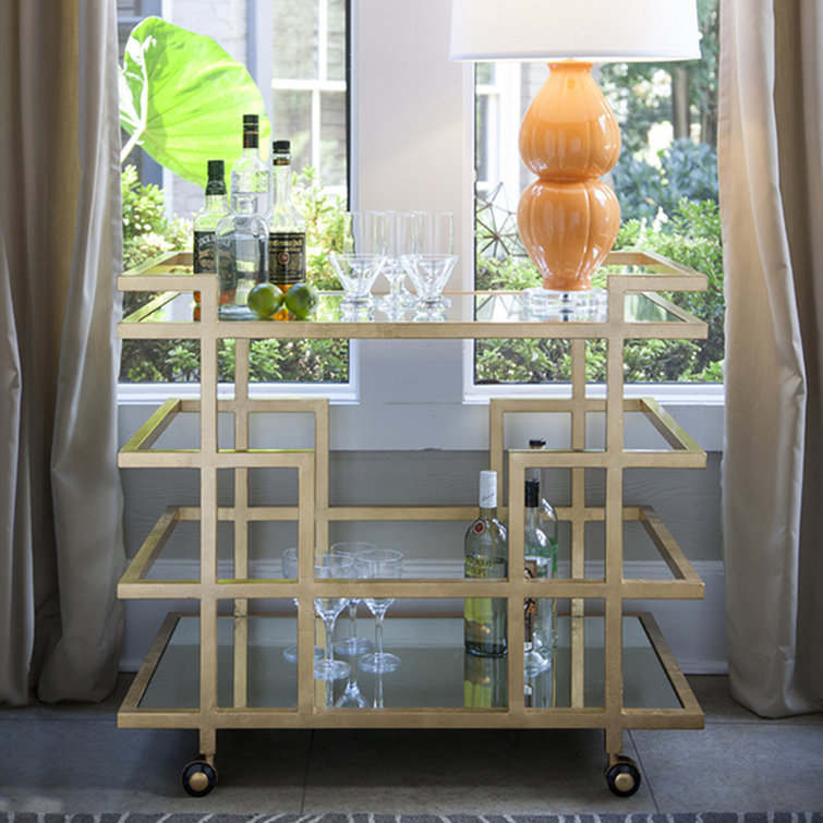 Ireland Gold Leaf Geometric Bar Cart with Mirrored Shelves