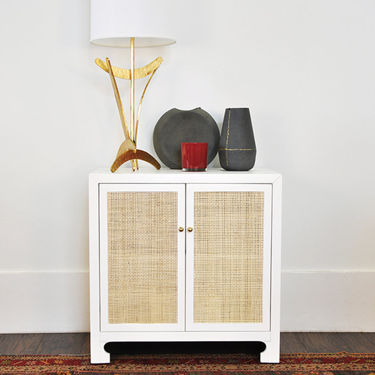 Alden White Lacquer & Cane Accent Cabinet with Brass Hardware
