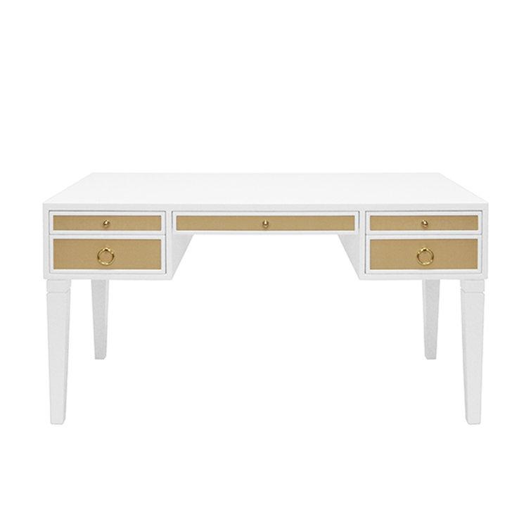 Contemporary White Foldable Writing Desk with Brass Hardware and Grasscloth Drawer