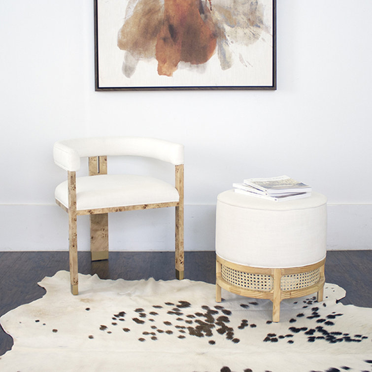 White Linen Upholstered Armchair with Burl Wood Frame
