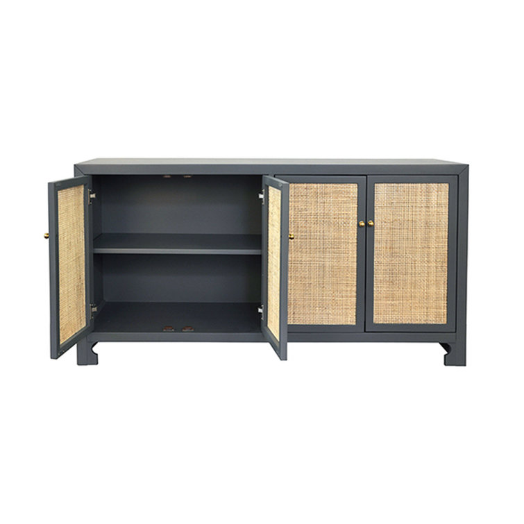 Sofia 58'' Gray Lacquer Pine Wood & Cane Sideboard with Adjustable Shelving