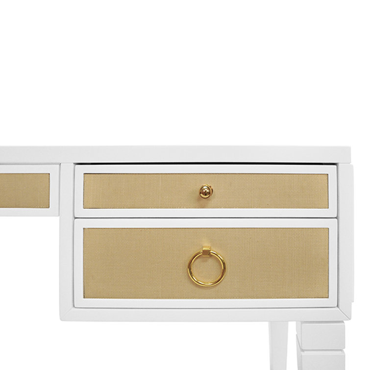 Contemporary White Foldable Writing Desk with Brass Hardware and Grasscloth Drawer