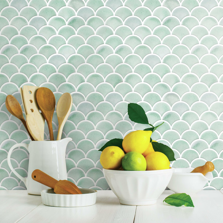 Aqua Scallop Peel and Stick Vinyl Mosaic Tile Backsplash