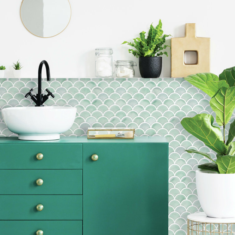 Aqua Scallop Peel and Stick Vinyl Mosaic Tile Backsplash