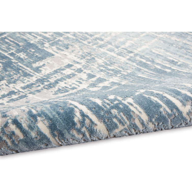 Ivory and Blue Abstract Rectangular Synthetic Rug