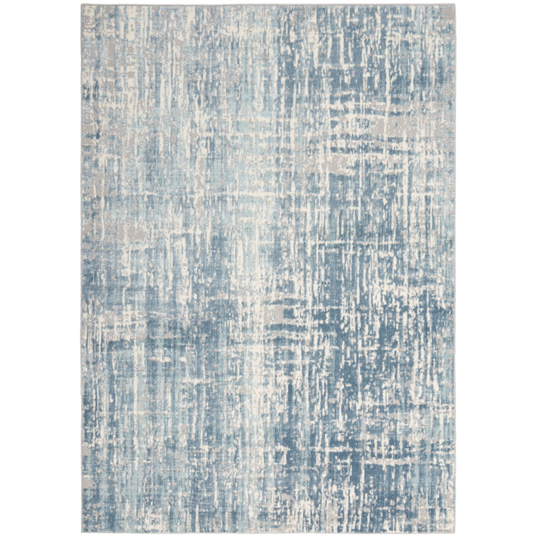 Ivory and Blue Abstract Rectangular Synthetic Rug