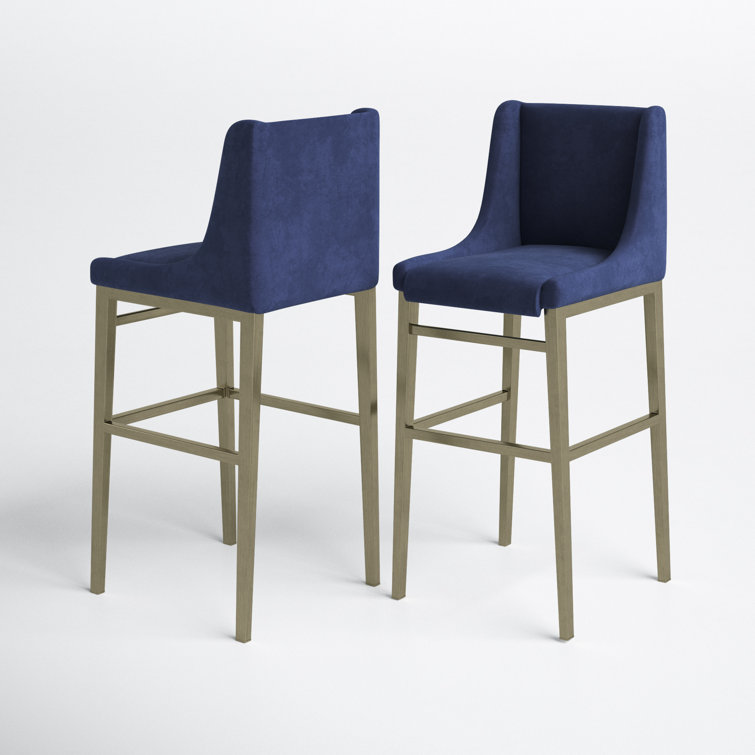 Elegant Blue Velvet Wingback 30.7" Bar Stool with Antique Brass Frame