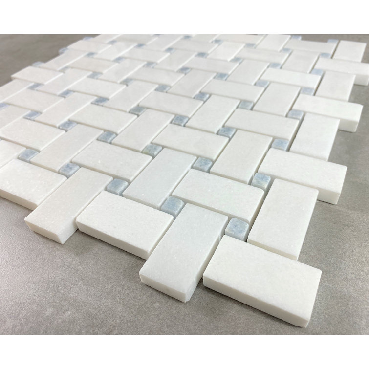 Thassos White and Blue Dot Marble Basketweave Mosaic Tile