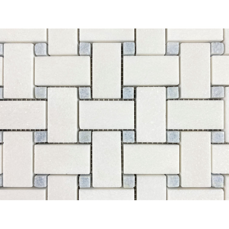Thassos White and Blue Dot Marble Basketweave Mosaic Tile