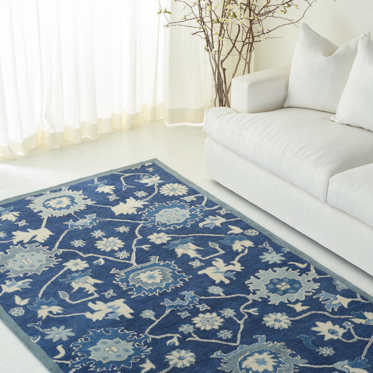 Hand-Knotted Floral Blue/Ivory Wool Rectangular Rug 4' x 6'