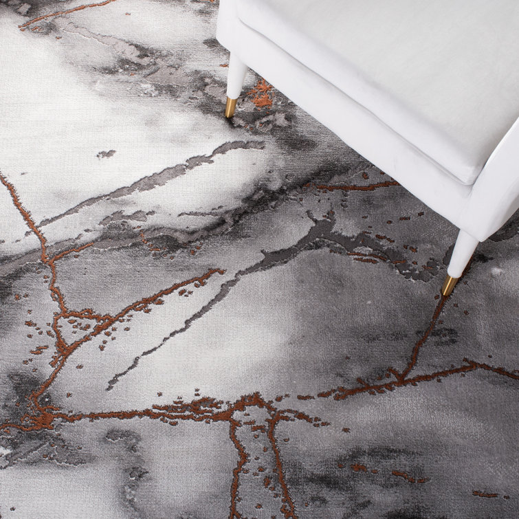Gray and Orange Abstract Square Synthetic Area Rug