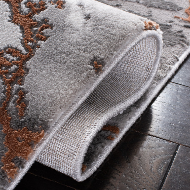 Gray and Orange Abstract Square Synthetic Area Rug