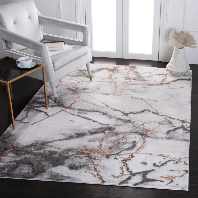 Gray and Orange Abstract Synthetic Rectangular Area Rug