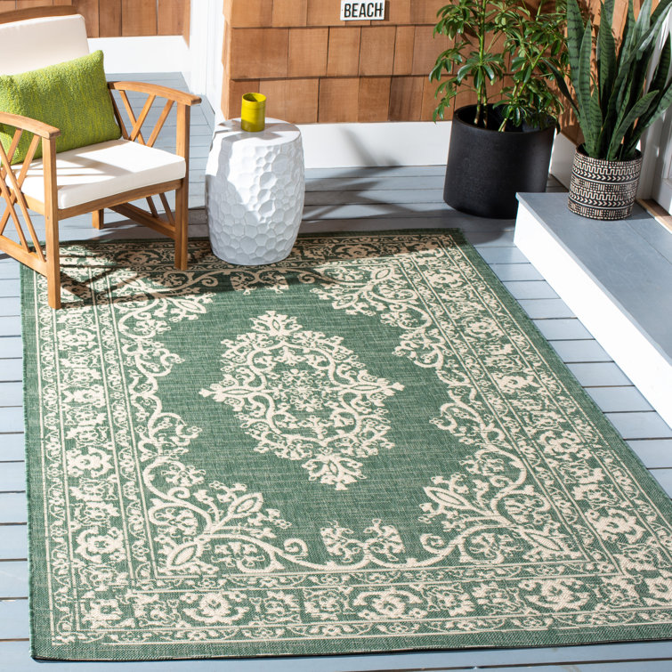 Courtyard Chic Dark Green and Beige 9' x 12' Synthetic Outdoor Rug