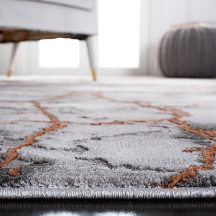 Gray and Orange Abstract Square Synthetic Area Rug