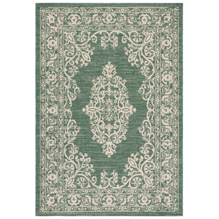 Courtyard Chic Dark Green and Beige 9' x 12' Synthetic Outdoor Rug