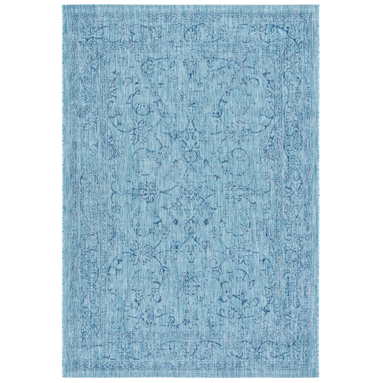 Aqua and Navy Synthetic Stain-Resistant Indoor/Outdoor Rug