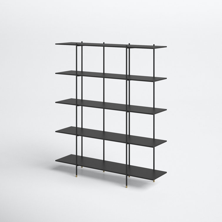 Cait Wide Industrial Black Iron Etagere Bookcase with Brass Accents