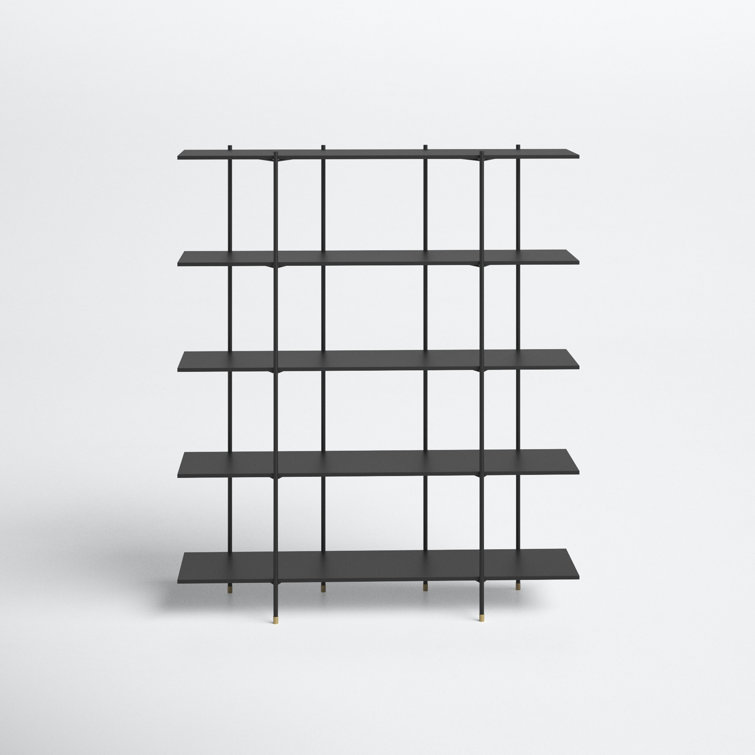 Cait Wide Industrial Black Iron Etagere Bookcase with Brass Accents