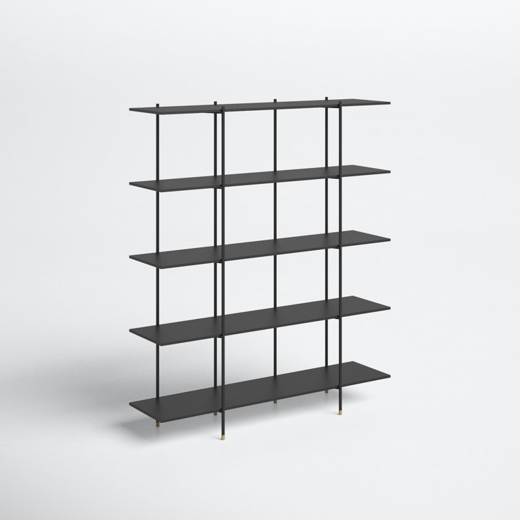 Cait Wide Industrial Black Iron Etagere Bookcase with Brass Accents