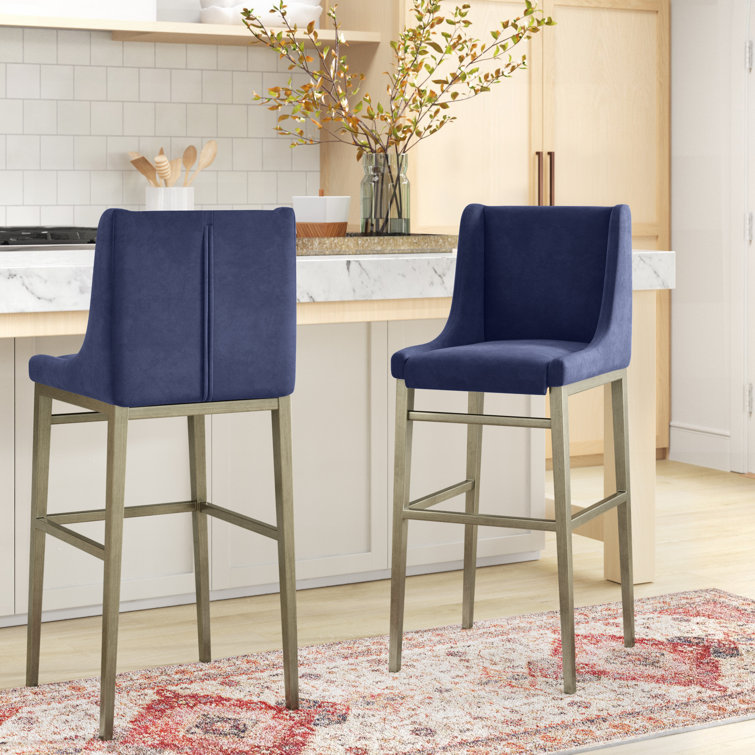 Elegant Blue Velvet Wingback 30.7" Bar Stool with Antique Brass Frame