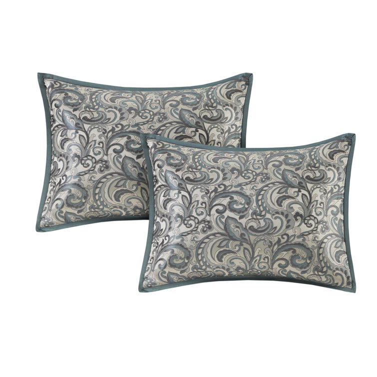 Teal and Gray Floral Motif California King Bedding Set